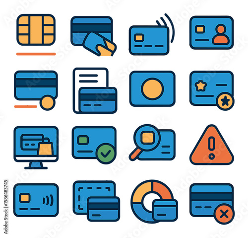 Modern credit card icon collection. simple financial icons: card, chip, swipe, contactless, transaction, security, online payment