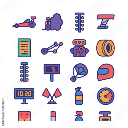 Drag racing icon collection: simple dragster, helmet, engine, flags, tires, timer