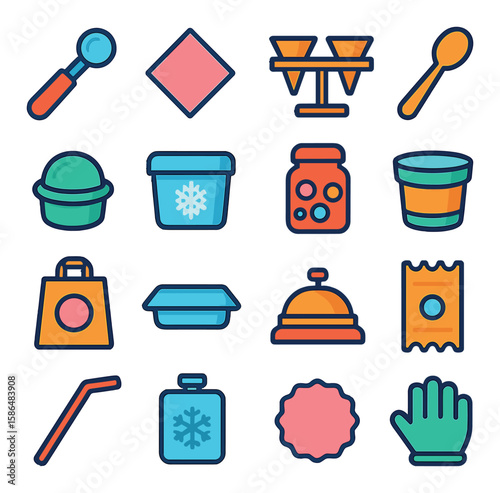 Ice cream icon collection. simple dessert, cone, sundae, scoop, spoon, cup, topping flat