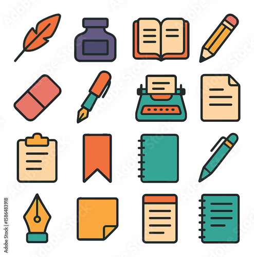 Modern writing tools icon collection: simple compose linear pen, typewriter, paper, notebook, ink