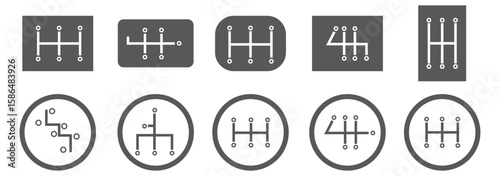 Set of car transmission icons vectors in trendy black line styles. Gearbox symbols. Shifting lever symbols illustration. Manual transmission for UI designs elements isolated on transparent background.