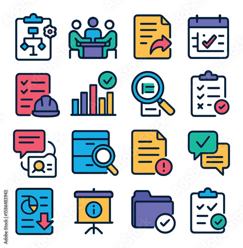 Audit process icon collection: simple linear workflow, meeting, chart, calendar