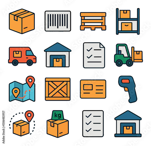 Warehouse icon collection: simple linear symbols for boxes, barcodes, pallets, trucks, forklifts, maps, weighing, scanners, storage