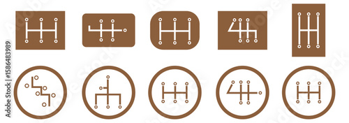 Set of car transmission icons vectors in trendy black line styles. Gearbox symbols. Shifting lever symbols illustration. Manual transmission for UI designs elements isolated on transparent background.