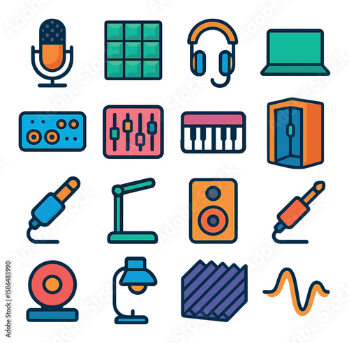 Home studio icon collection. music production flat icons: microphone, headphones, mixer, laptop,