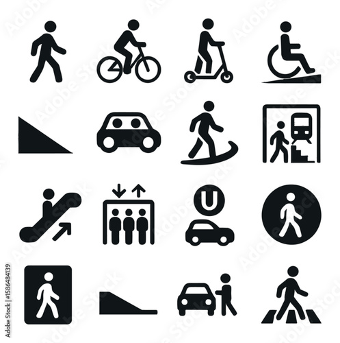 Urban mobility icon collection. transportation and accessibility silhouette. pedestrian, bicycle, scooter, wheelchair, car, subway, bus, elevator