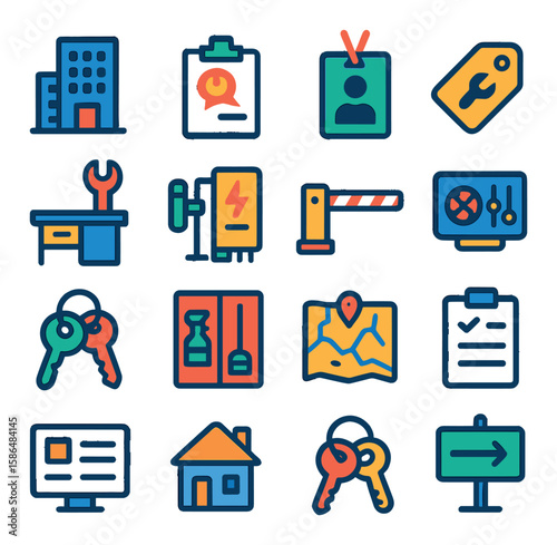 Facility management icon collection. simple facility tools, building, keys, id, map, clipboard