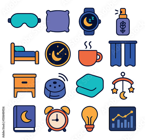 Wellness sleep icon collection. bedtime and relaxation simple pillow, bed, alarm, moon