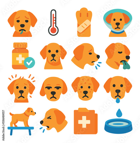 Dog health icon collection: simple flat design. medicine, thermometer, bandage, collar,
