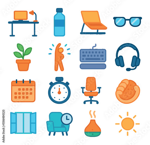 Wellness workspace icon collection: simple office, plant, desk, chair, yoga, timer, calendar