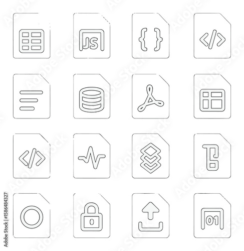 Data format icon collection: simple linear icons for coding, database, pdf, upload, lock symbols