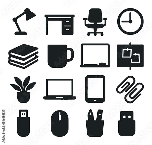 Creative workspace icon collection: office silhouettes. desk, chair, laptop, clock, usb
