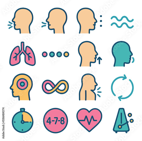 Breathing exercise icon collection. simple illustrations: head, lungs, stopwatch, heart, infinity, metronome