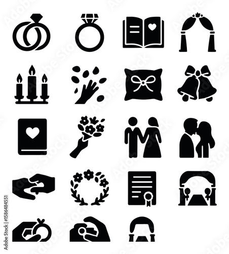 Wedding ceremony icon collection. simple silhouette: rings, bouquet, vows, bells, cake, gift, lanterns, candles,