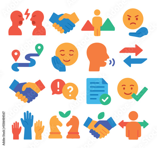 Conflict management icon collection: simple communication, negotiation, resolution, team, strategy