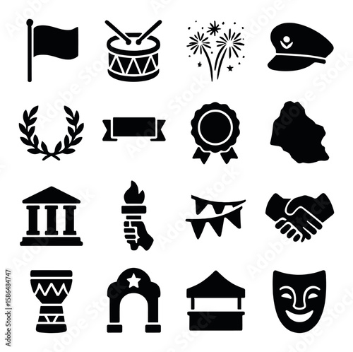 National day icon collection: simple silhouette style featuring flag, drum, torch, and more