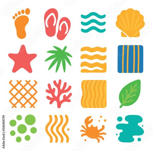 Beach texture icon collection. simple summer seaside icons: footprint, flip-flops, wave, shell