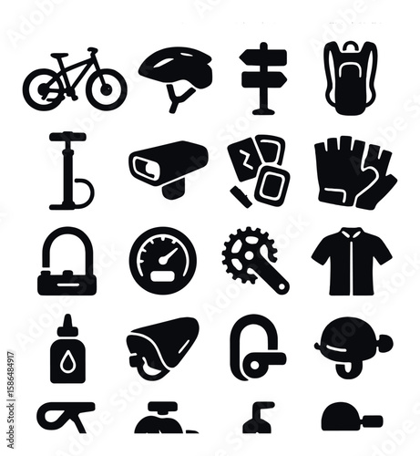 Cycling gear icon collection. bike equipment silhouette icons: helmet, gloves, pedal, backpack, speedometer, lock, pump, clothing