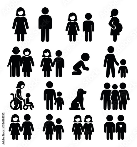 Family roles icon collection. silhouette simple family, parent, child, dog, pregnant, group
