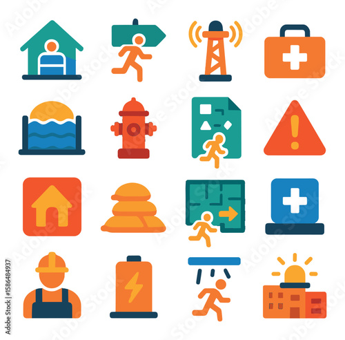 Disaster preparedness icon collection: safety tools, emergency kits, alarm, shelter flat