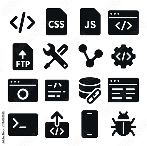 Web development icon collection. simple silhouette set: html, css, js, ftp, gear, code, wrench