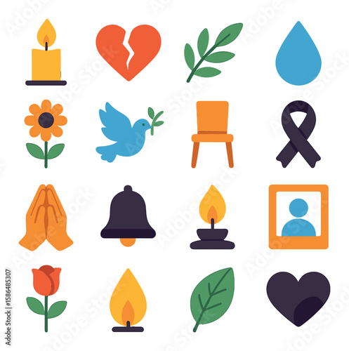 Remembrance icon collection: memorial symbols silhouette. candle, dove, ribbon, flower