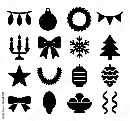Holiday decoration icon collection. simple festive decor silhouettes: lights, ornament, wreath, garland, candelabra, bow, snowflake, tree, star, lantern