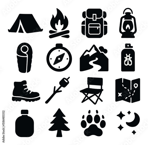 Camping adventure icon collection. explore outdoor silhouette icons set. tent, backpack, fire, map, lantern, boot