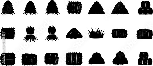 set of Black hay icon. Farm straw bales, dried grass piles and haystack silhouette symbols, rural agriculture hay harvest elements. Vector isolated set