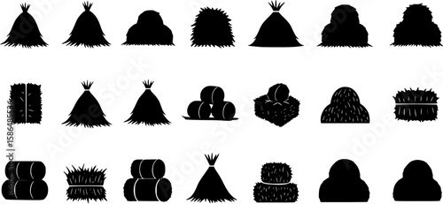 set of Black hay icon. Farm straw bales, dried grass piles and haystack silhouette symbols, rural agriculture hay harvest elements. Vector isolated set