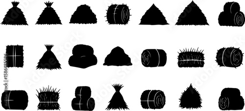 set of Black hay icon. Farm straw bales, dried grass piles and haystack silhouette symbols, rural agriculture hay harvest elements. Vector isolated set