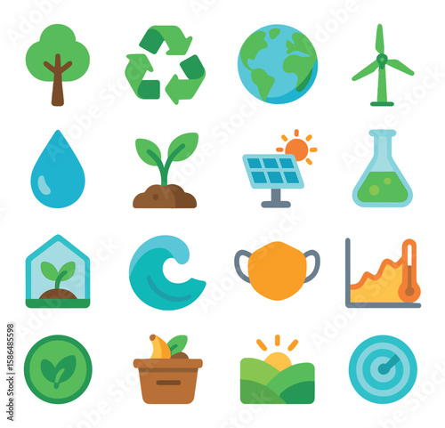 Eco-friendly icon collection: green energy, tree, earth, water, mask, nature, flat