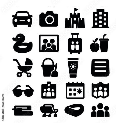 Vacation icon collection. silhouette travel symbols: camera, car, sunglasses, luggage, hotel