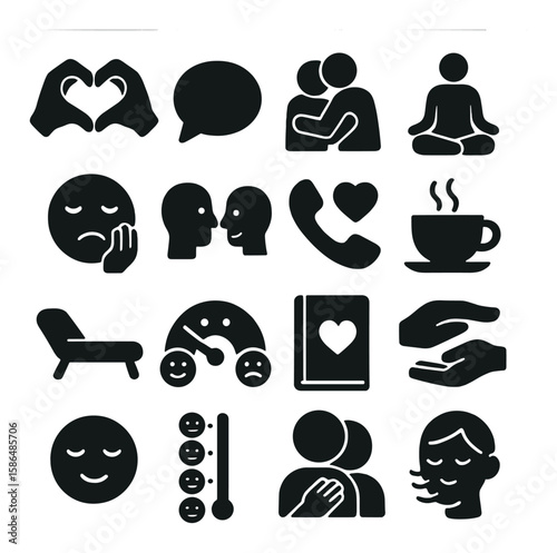 Emotional support icon collection: silhouette therapy, chat, meditation, relax, hug