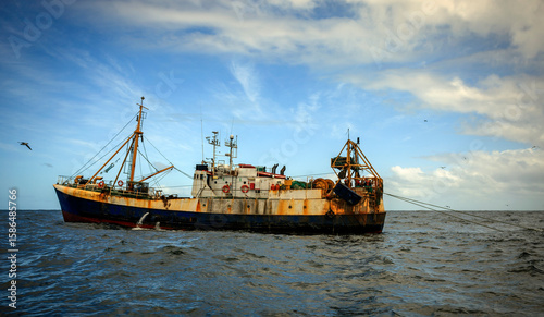 An old fishing trawler is fishing in distant oceanic waters.