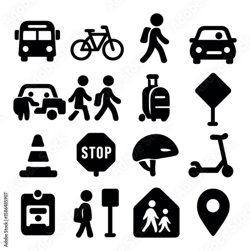 School transportation icon collection: simple silhouette bus, bicycle, car, pedestrian, sign