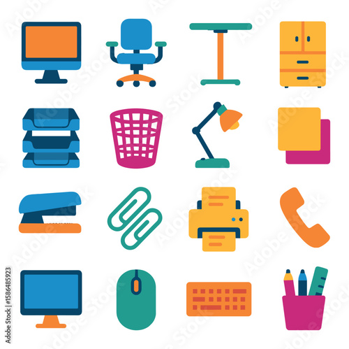Modern office icon collection. simple office supplies and furniture flat design: desk, chair, computer, lamp, phone, keyboard