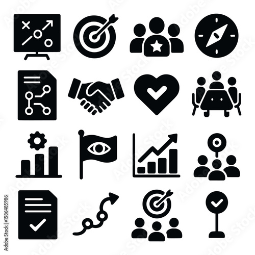 Strategy icon collection. business planning simple silhouette icons: target, team, growth, chart