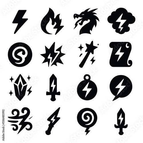 Fantasy element icon collection. magic, dragon, sword, lightning, fire, cloud silhouette