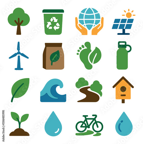 Eco icon collection. environmentally friendly simple icons: tree, recycle, solar, bike, leaf