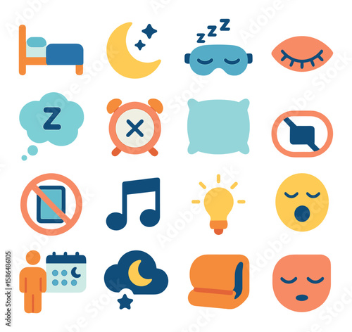 Modern sleep icon collection. bed, moon, sleep mask, alarm, pillow silhouette