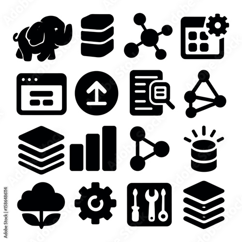 Big data icon collection. simple silhouette icons: elephant, database, graph, cloud, gear