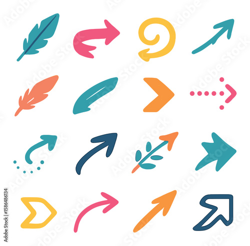 Arrow icon collection: vibrant decorative arrows in simple style. swirl, feather, directional arrows