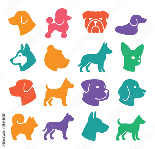 Dog silhouette icon collection. colorful poodles, bulldogs, huskies, chihuahuas, terriers