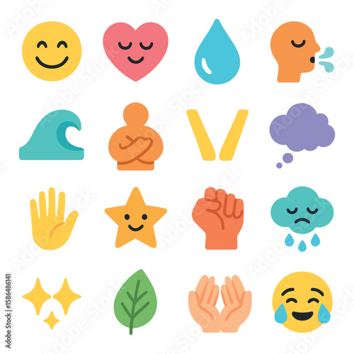 Wellness icon collection. simple wellness elements in flat style. smile, heart, meditation, wave, leaf, mindfulness icons.