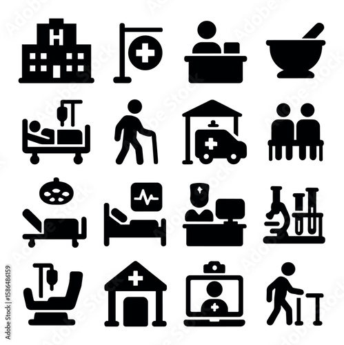 Healthcare icon collection. medical silhouette symbols. hospital, doctor, ambulance, syringe, pills