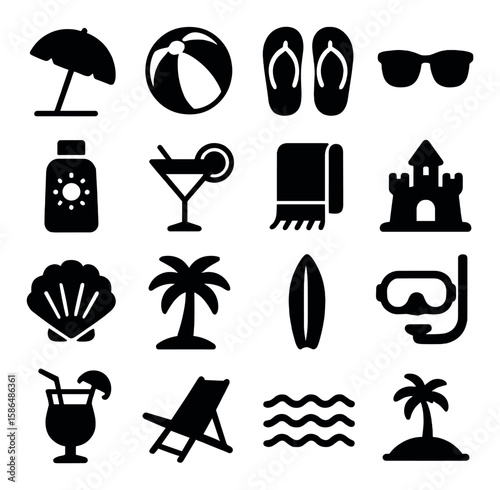 Beach icon collection. summer silhouette symbols: umbrella, ball, flip-flops, sandcastle