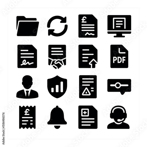 Policy icon collection: silhouette document, agreement, update, shield, notification