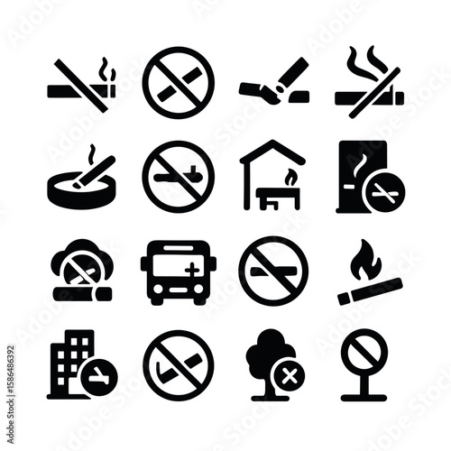 No smoking icon collection. simple anti-smoking silhouette. cigarette, sign, ban, public space, health,