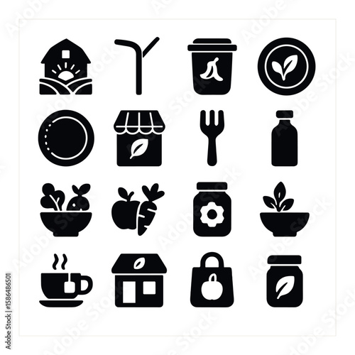 Eco-friendly dining icon collection. sustainable food, reusable utensil, organic farm, silhouette